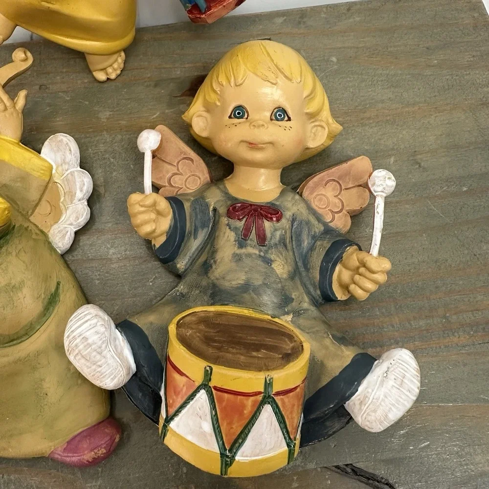 Vintage Fontanini Angel Cherub Set Of 3 Wall Plaque Drummer Baby Italy Resin